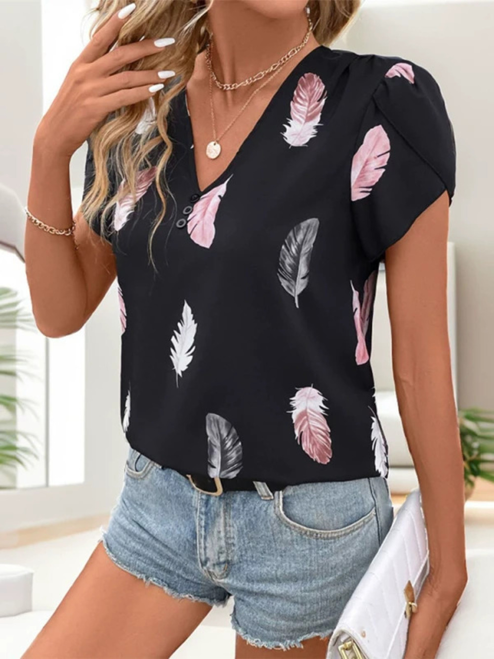 ZARA Feather Print Short Sleeve Loose Fit Tee for Women